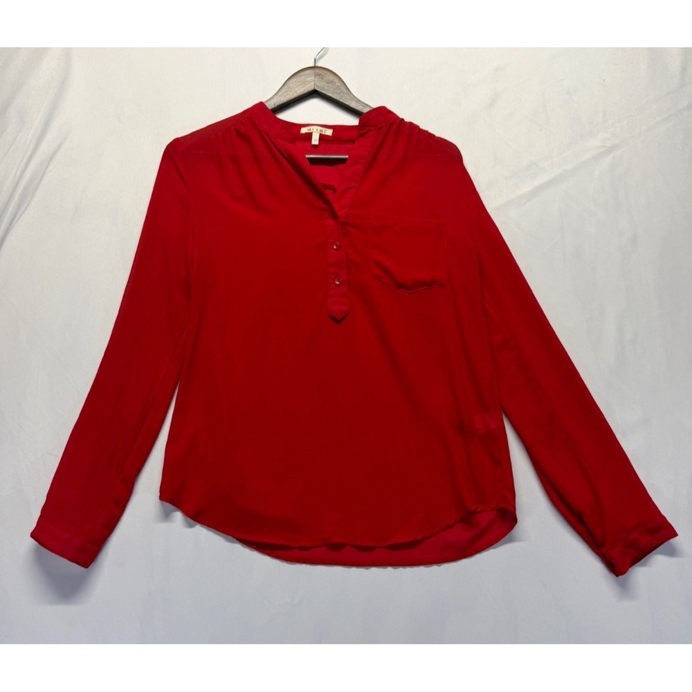 Miami Popover Shirt Womens Medium Bright Red V‎ Neck Curved Hem Half Placket